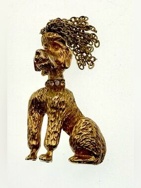 Vintage 1960s R. Mandle signed Gold Tone Poodle Crystal Accents Brooch